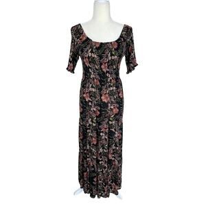 Natural Life Floral Maxi Dress Smocked Tiered Size Medium Boho Cottage Chic